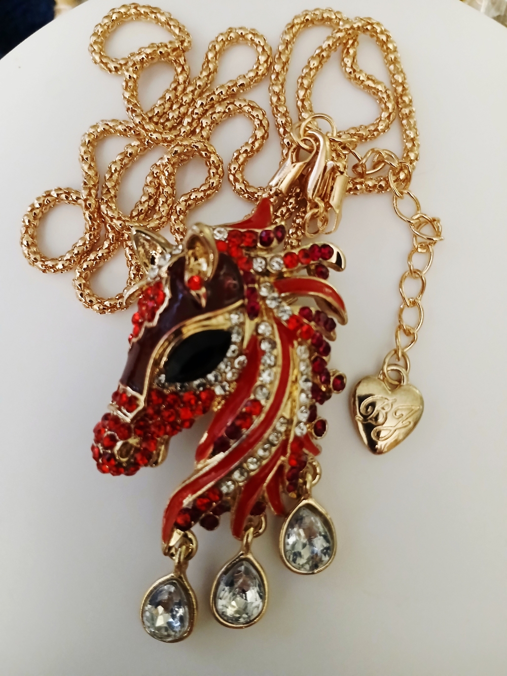 Signed Heart Charm, Rhinestone Enamel Horse Statement
